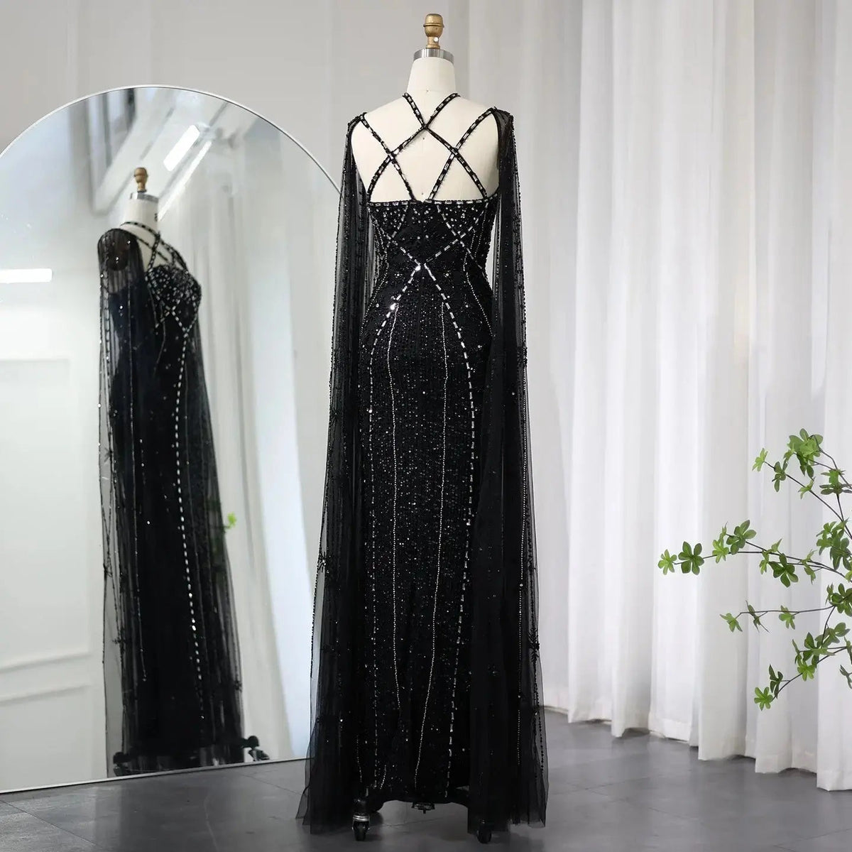 Luxury Aqua Crisscross Evening Dress with Cape Sleeves SS391