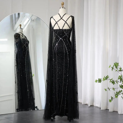 Luxury Aqua Crisscross Evening Dress with Cape Sleeves SS391