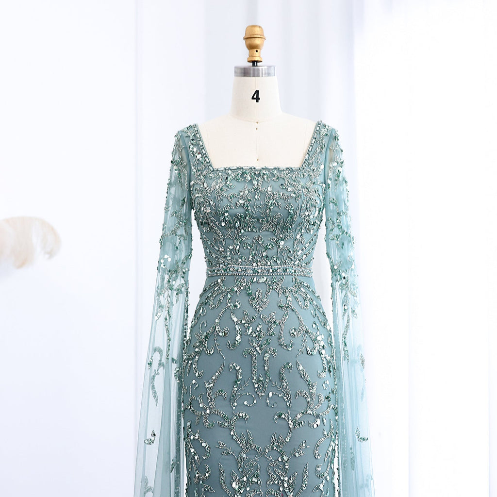 Luxury Beaded Turquoise Evening Dress with Cape Sleeves SS469