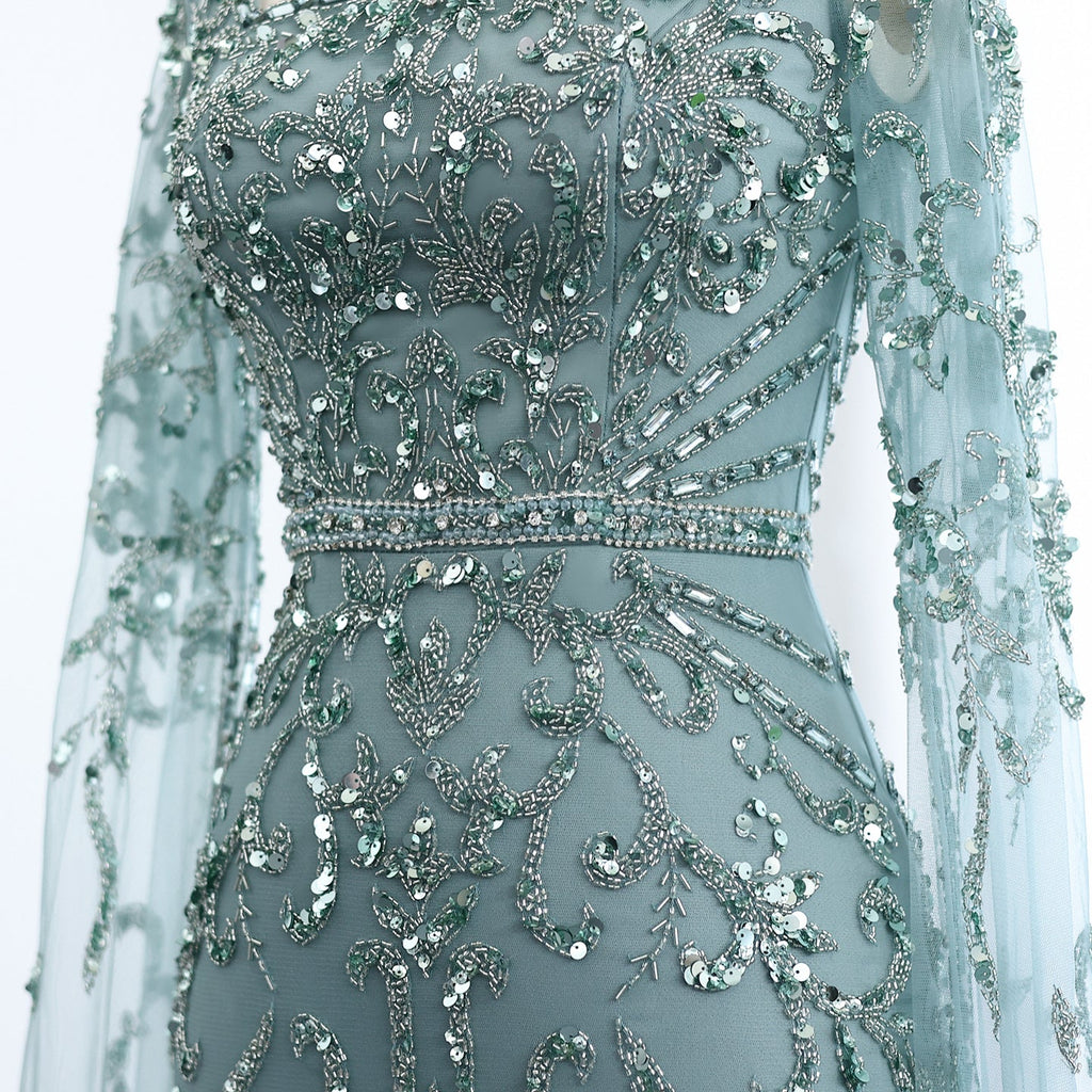 Luxury Beaded Turquoise Evening Dress with Cape Sleeves SS469