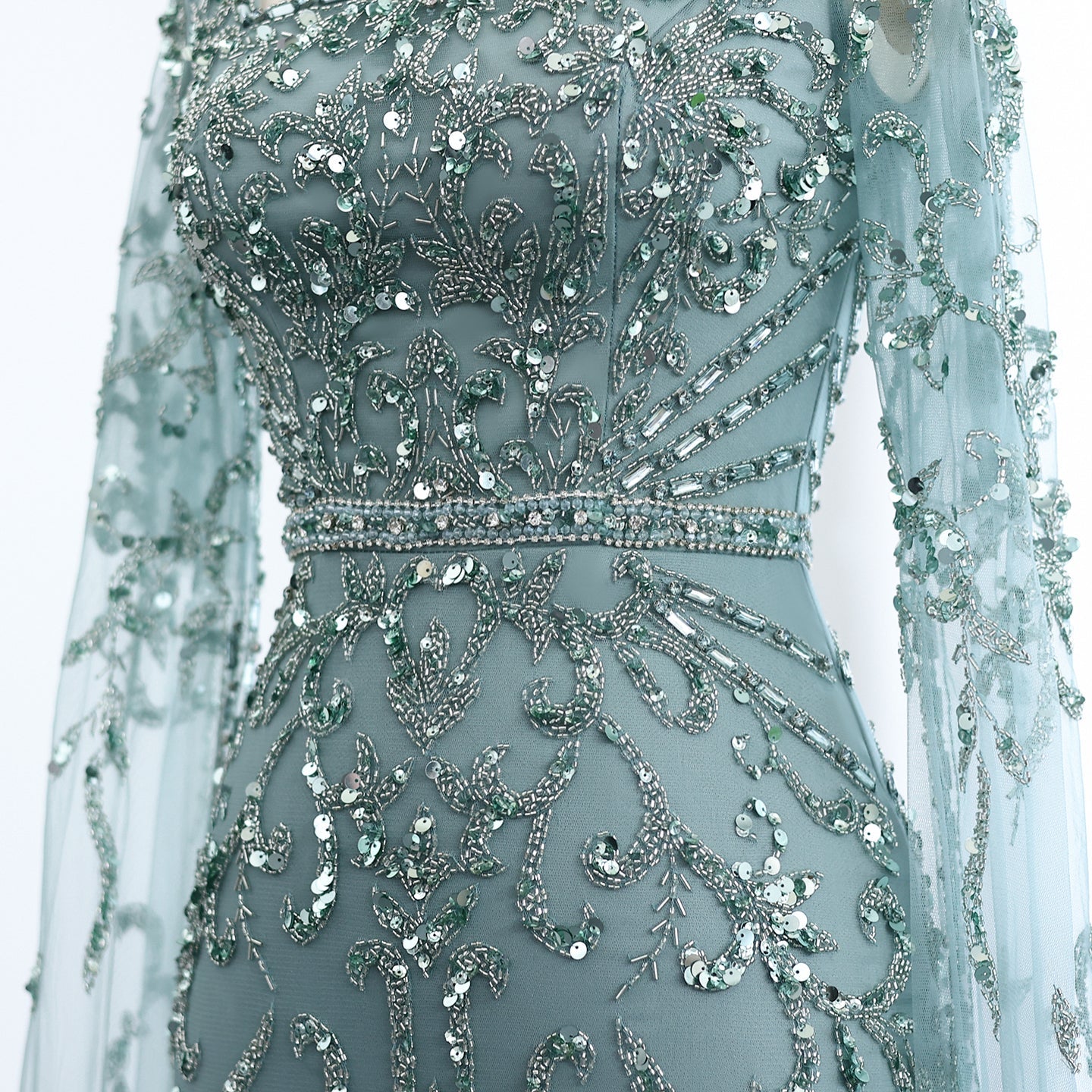 Luxury Beaded Turquoise Evening Dress with Cape Sleeves SS469