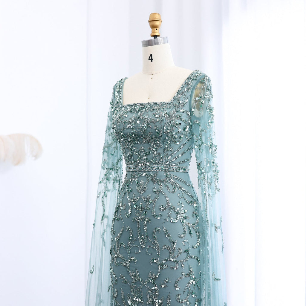 Luxury Beaded Turquoise Evening Dress with Cape Sleeves SS469
