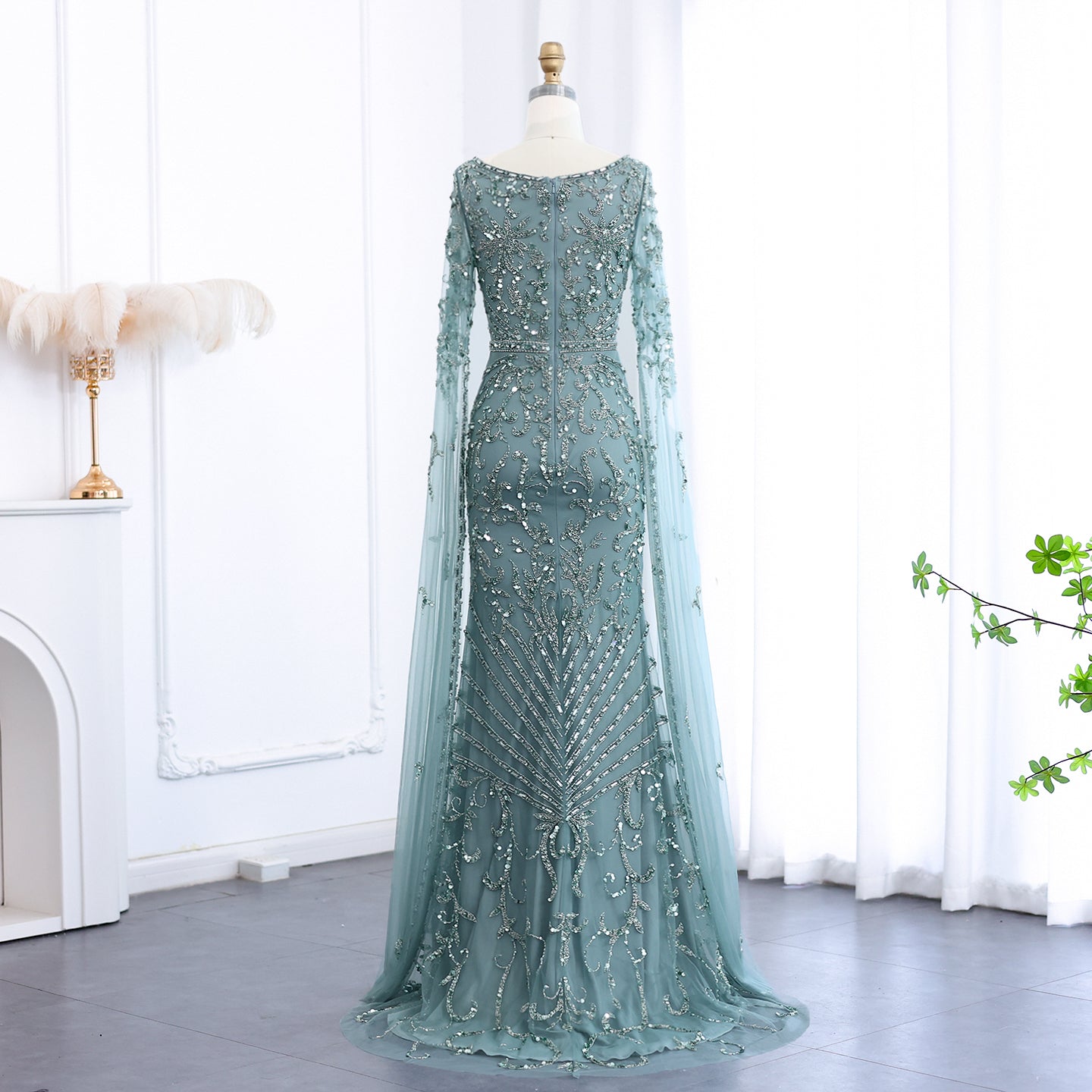 Luxury Beaded Turquoise Evening Dress with Cape Sleeves SS469