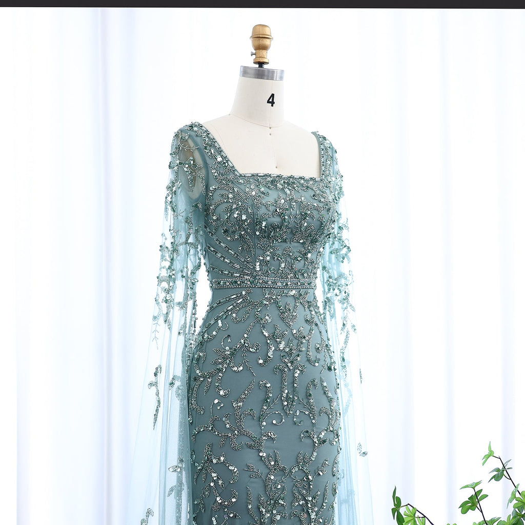 Luxury Beaded Turquoise Evening Dress with Cape Sleeves SS469