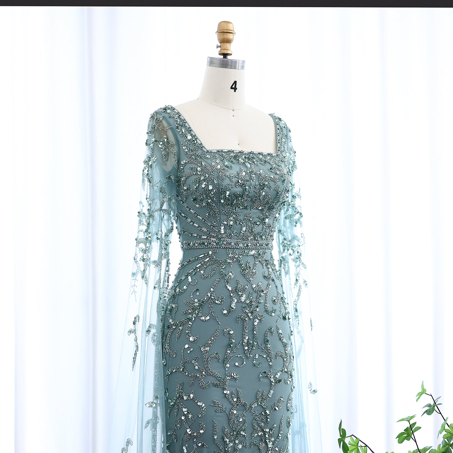 Luxury Beaded Turquoise Evening Dress with Cape Sleeves SS469