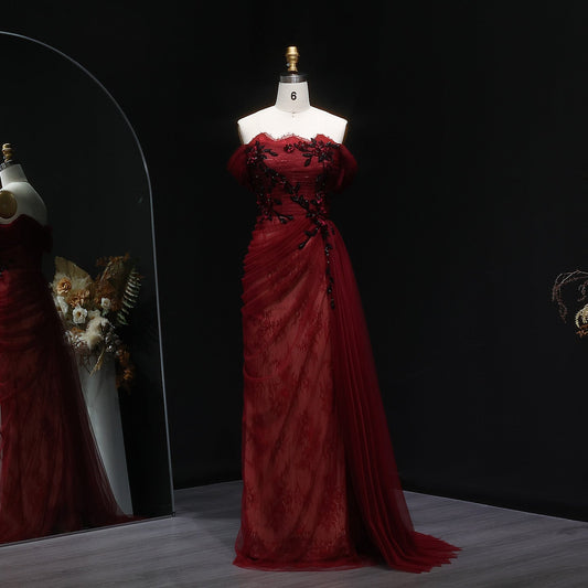 Elegant Red Strapless Mermaid Evening Dress with Overskirt SF270