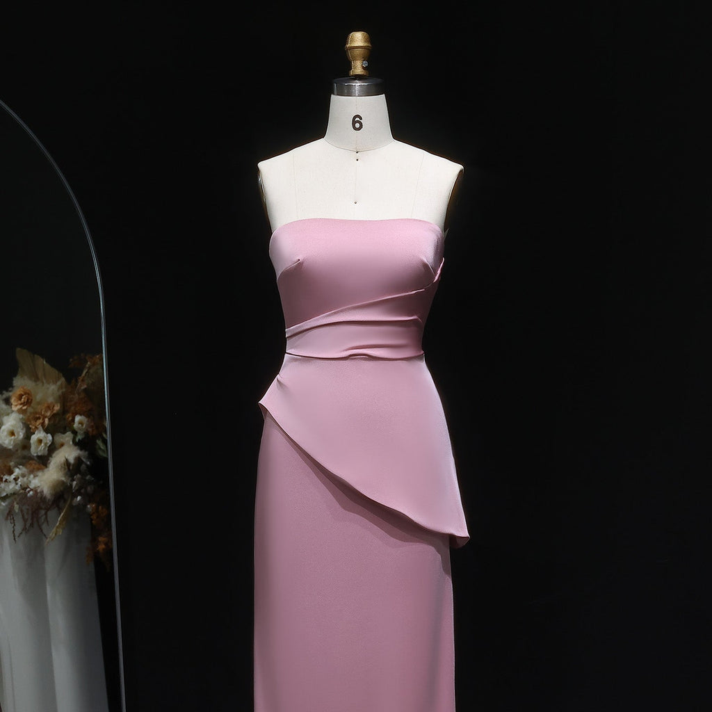 Elegant Coral Pink Strapless Evening Dress with Pleats SF213