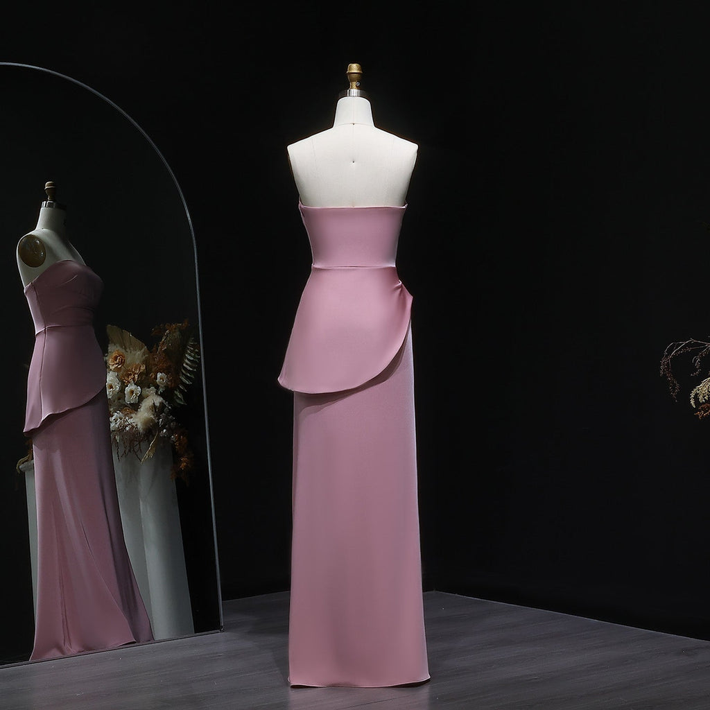 Elegant Coral Pink Strapless Evening Dress with Pleats SF213