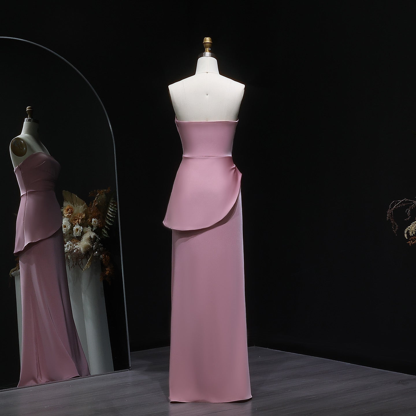 Elegant Coral Pink Strapless Evening Dress with Pleats SF213