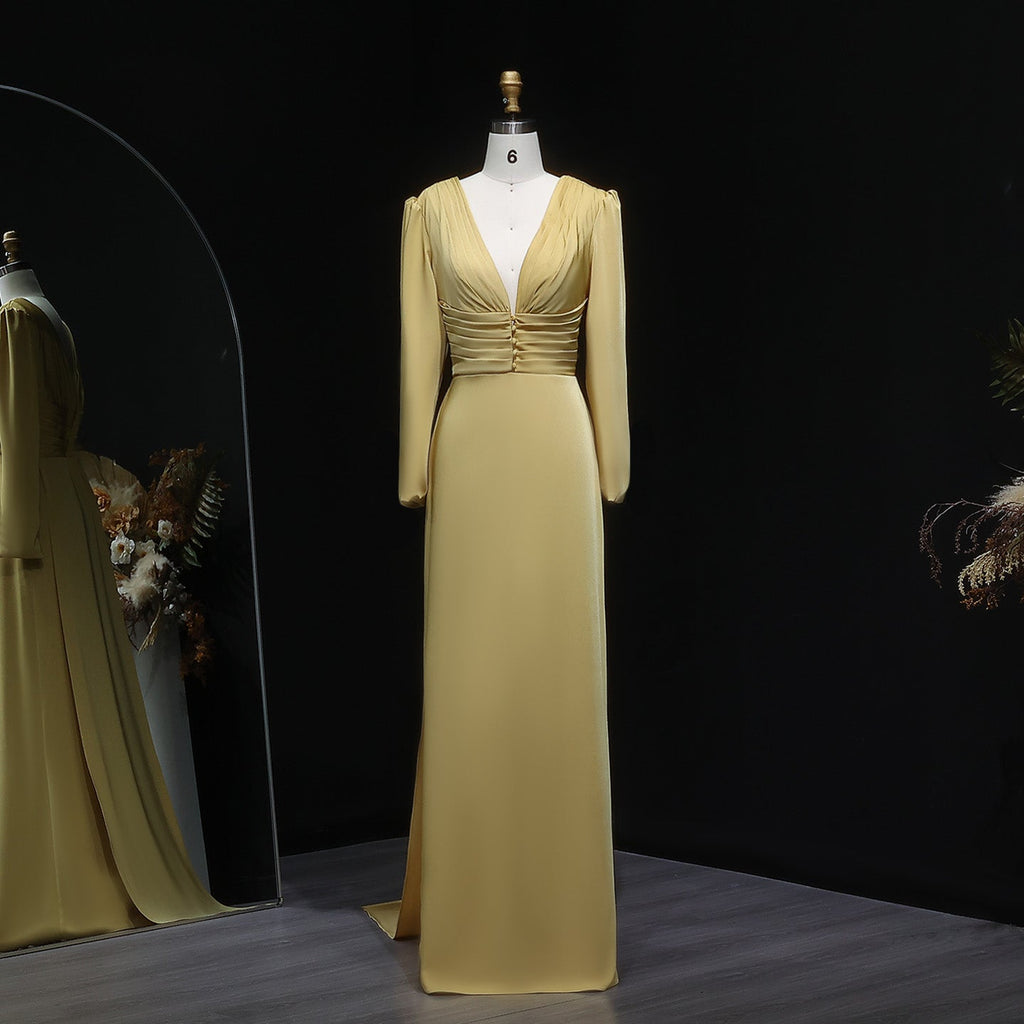 Elegant Yellow V-Neck Mermaid Evening Dress with Long Sleeves SF173