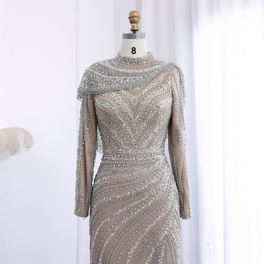 Luxury Beaded Silver Mermaid Evening Dress with Cape SS035