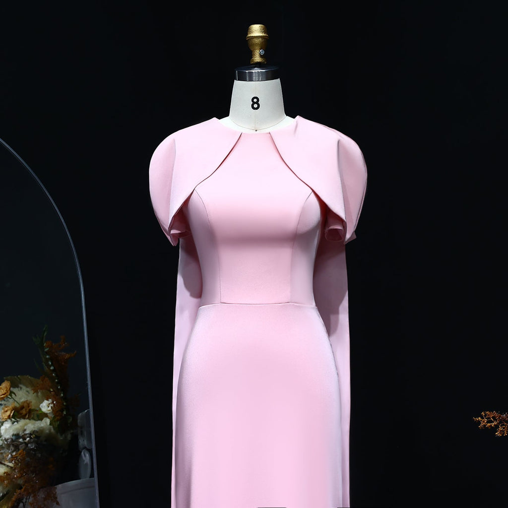 Elegant Pink O-Neck Mermaid Evening Dress with Cape Sleeves SF033