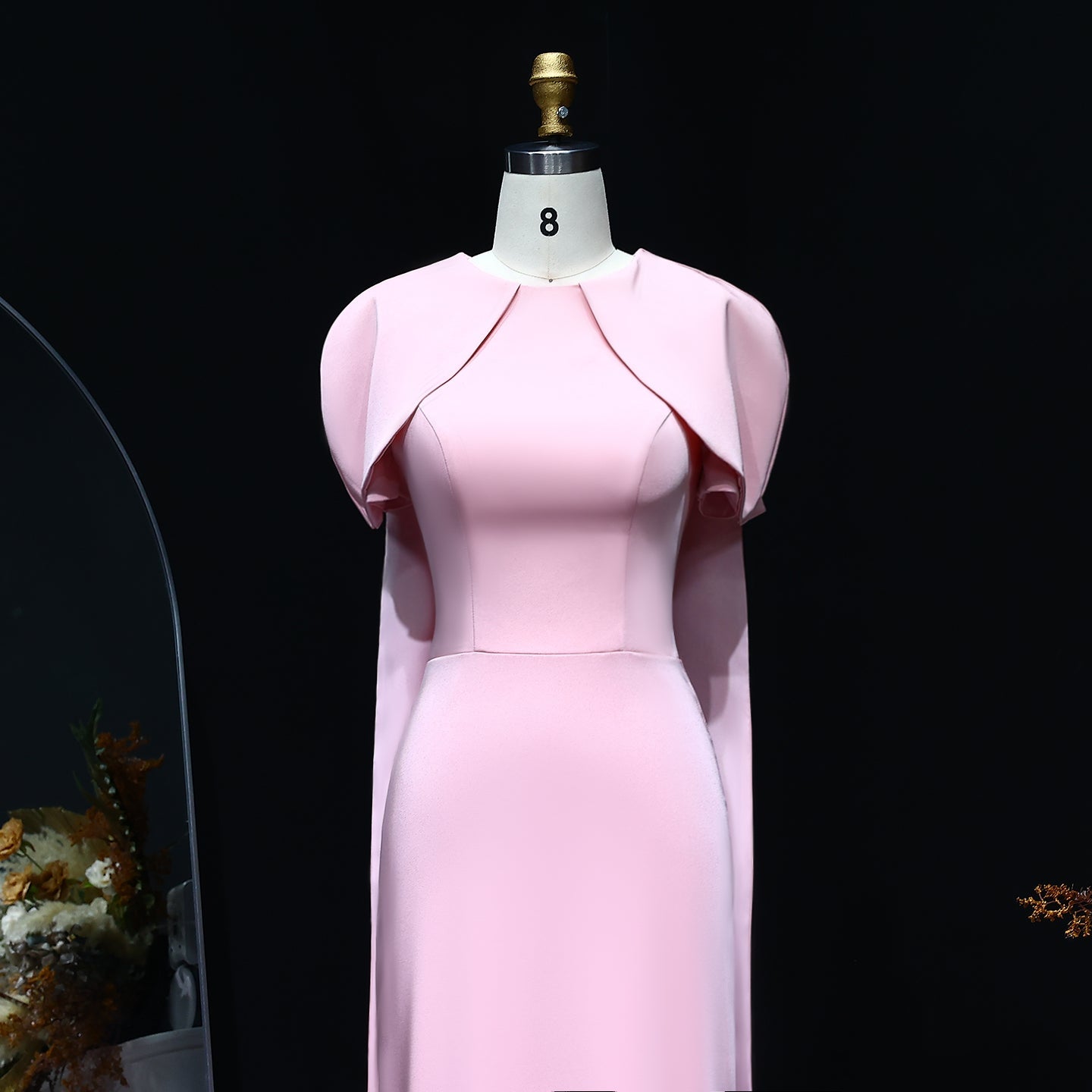Elegant Pink O-Neck Mermaid Evening Dress with Cape Sleeves SF033