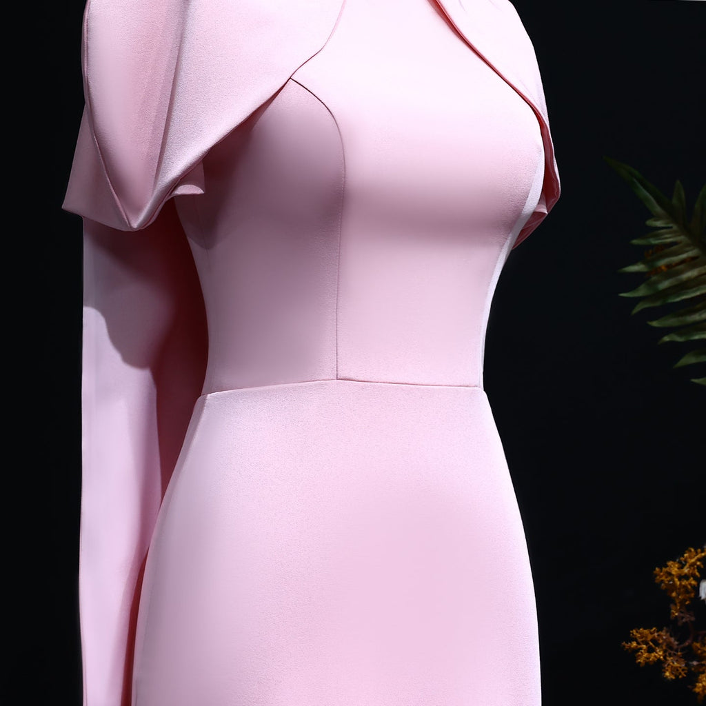 Elegant Pink O-Neck Mermaid Evening Dress with Cape Sleeves SF033
