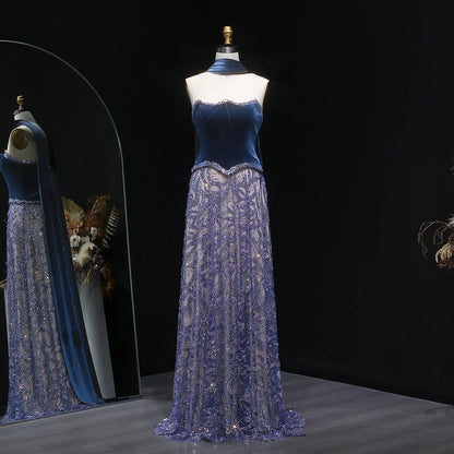 Luxury Beaded Blue Velvet Evening Dress with Scarf  SS793