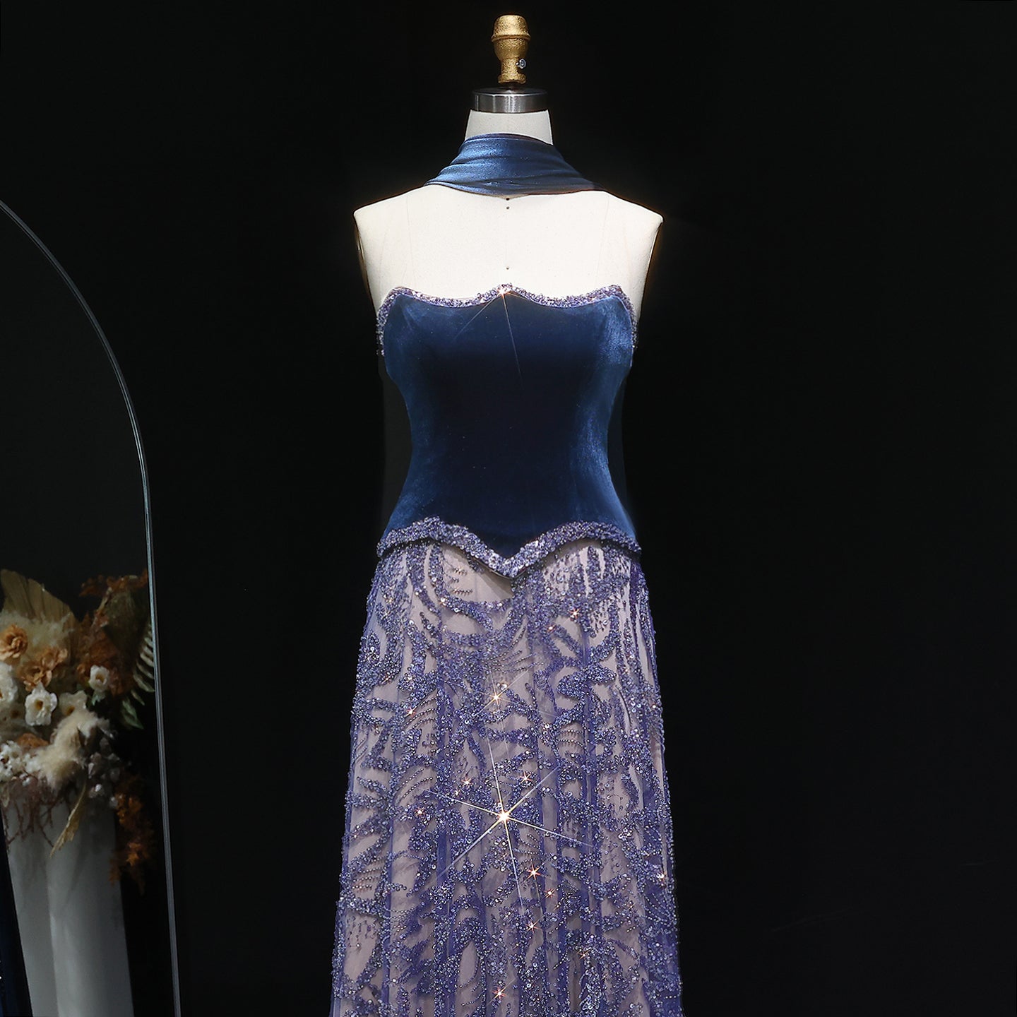Luxury Beaded Blue Velvet Evening Dress with Scarf  SS793