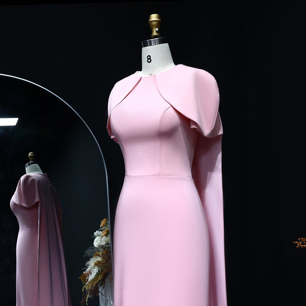 Elegant Pink O-Neck Mermaid Evening Dress with Cape Sleeves SF033
