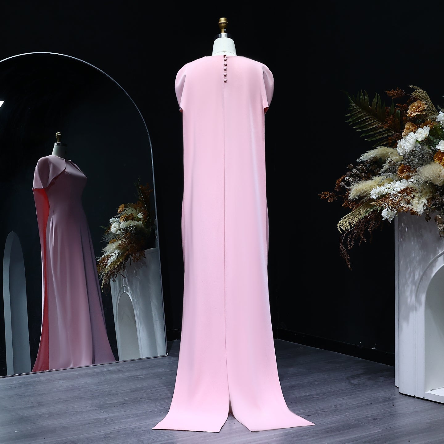 Elegant Pink O-Neck Mermaid Evening Dress with Cape Sleeves SF033