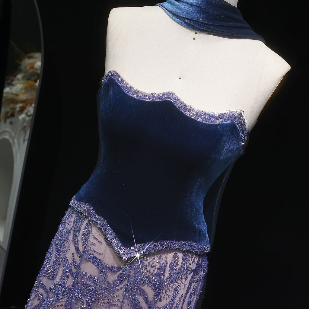 Luxury Beaded Blue Velvet Evening Dress with Scarf  SS793
