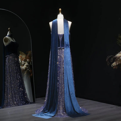 Luxury Beaded Blue Velvet Evening Dress with Scarf  SS793