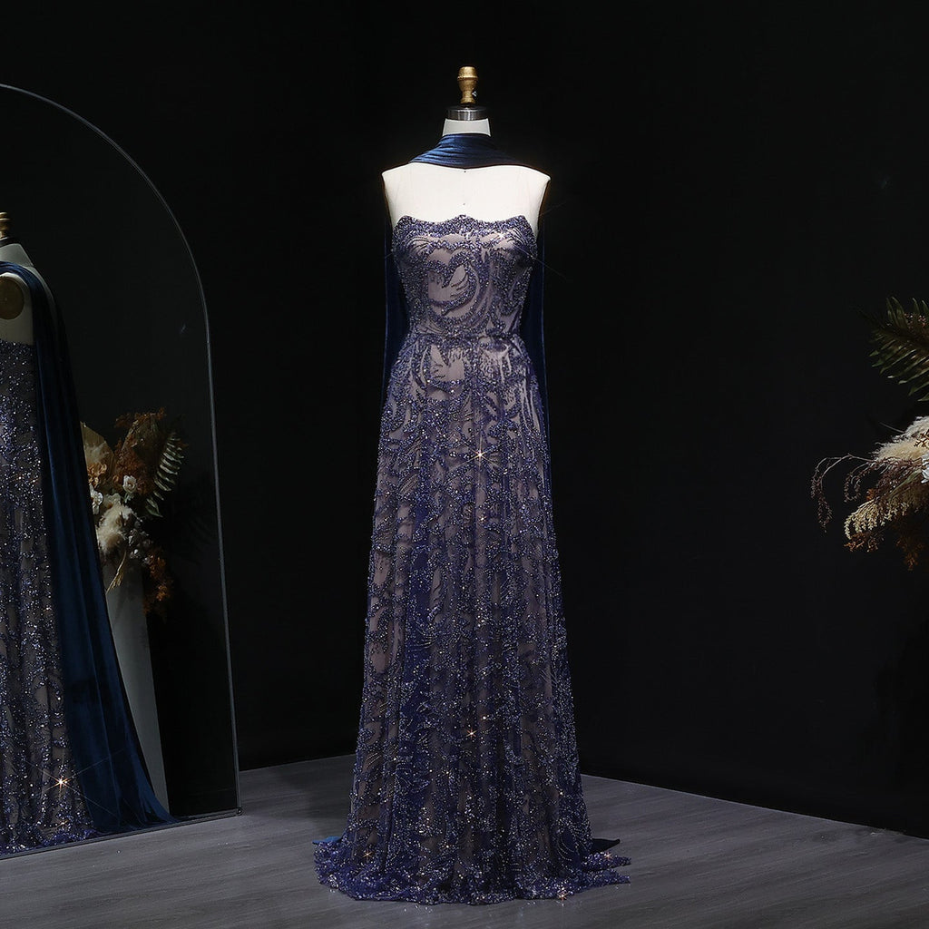 Luxury Beaded Blue Velvet Evening Dress with Scarf  SS793