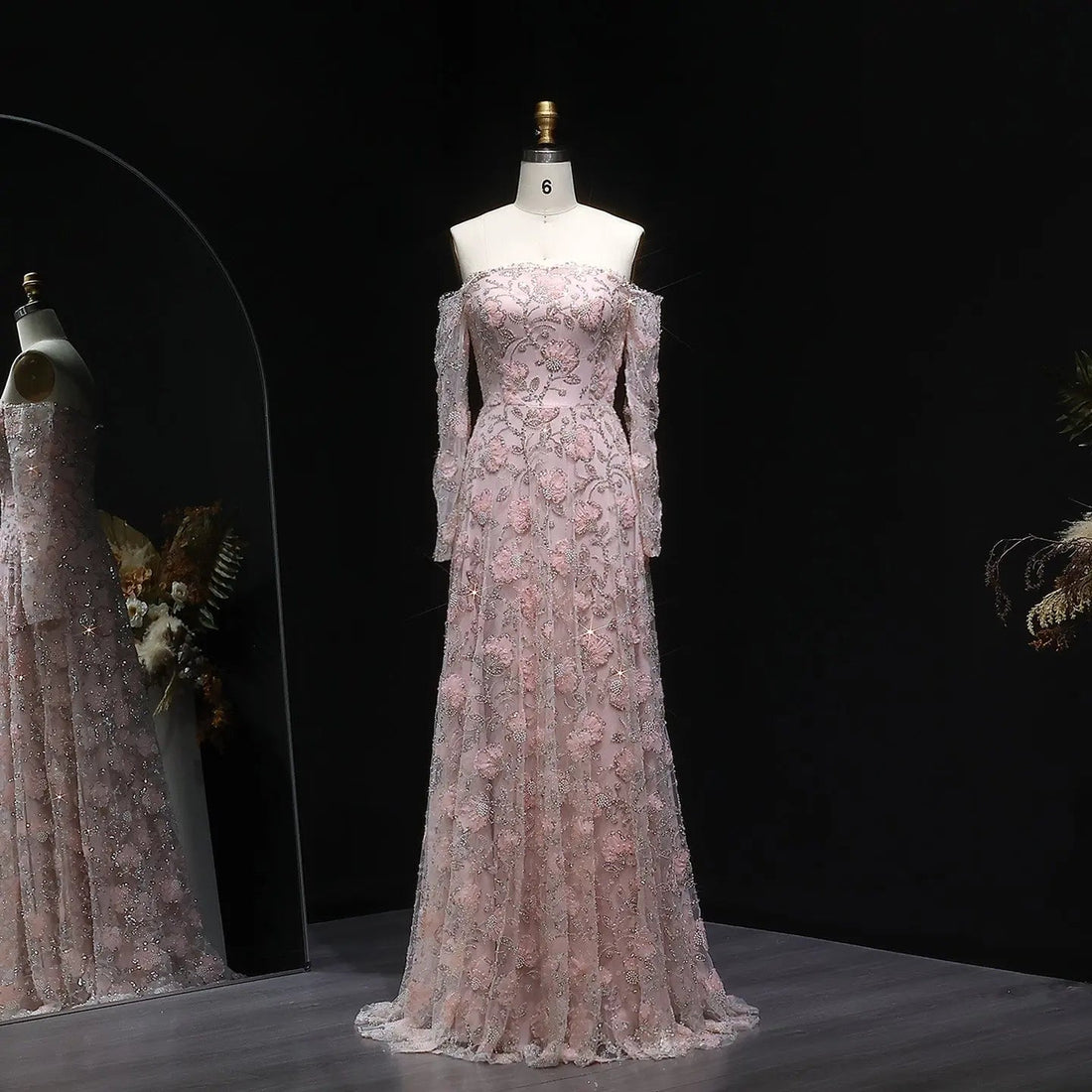 Elegant Pink Long Sleeve Beaded Embroidered Evening Dress SS638