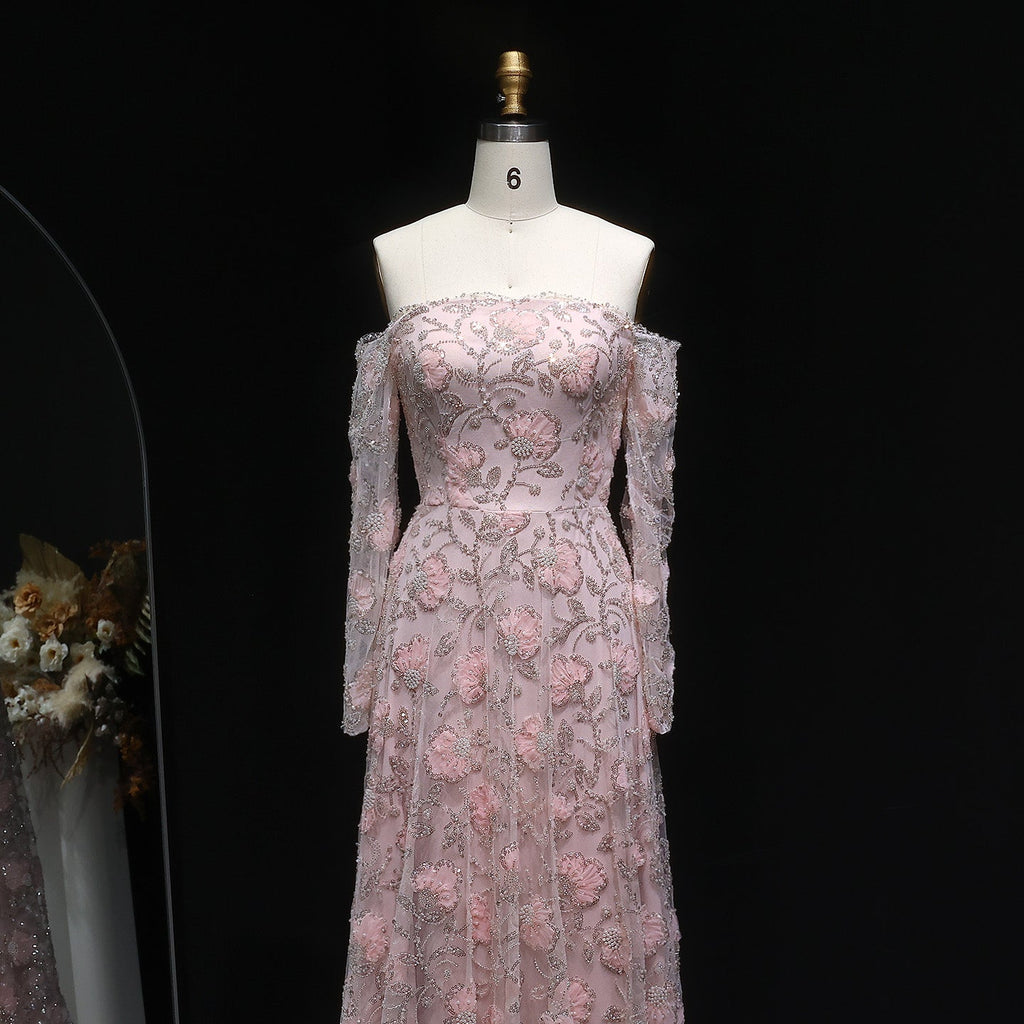 Elegant Pink Long Sleeve Beaded Embroidered Evening Dress SS638