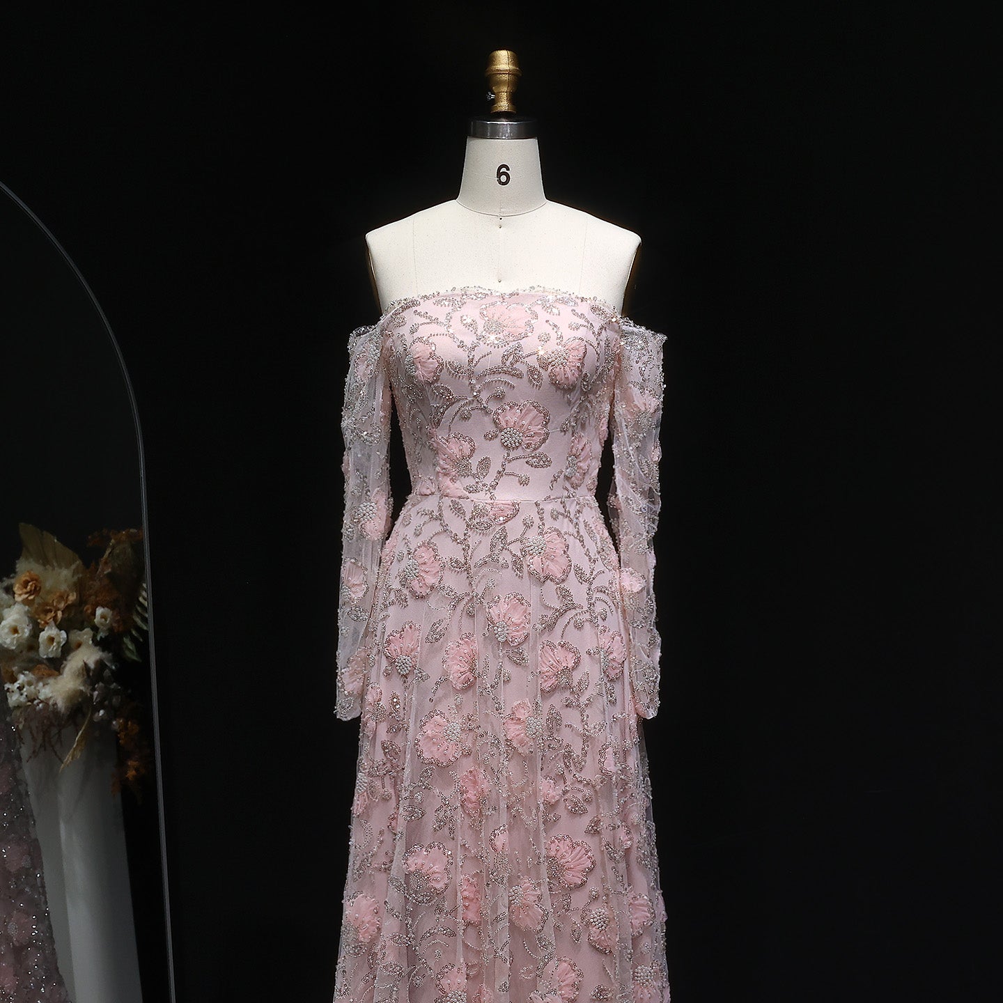 Elegant Pink Long Sleeve Beaded Embroidered Evening Dress SS638
