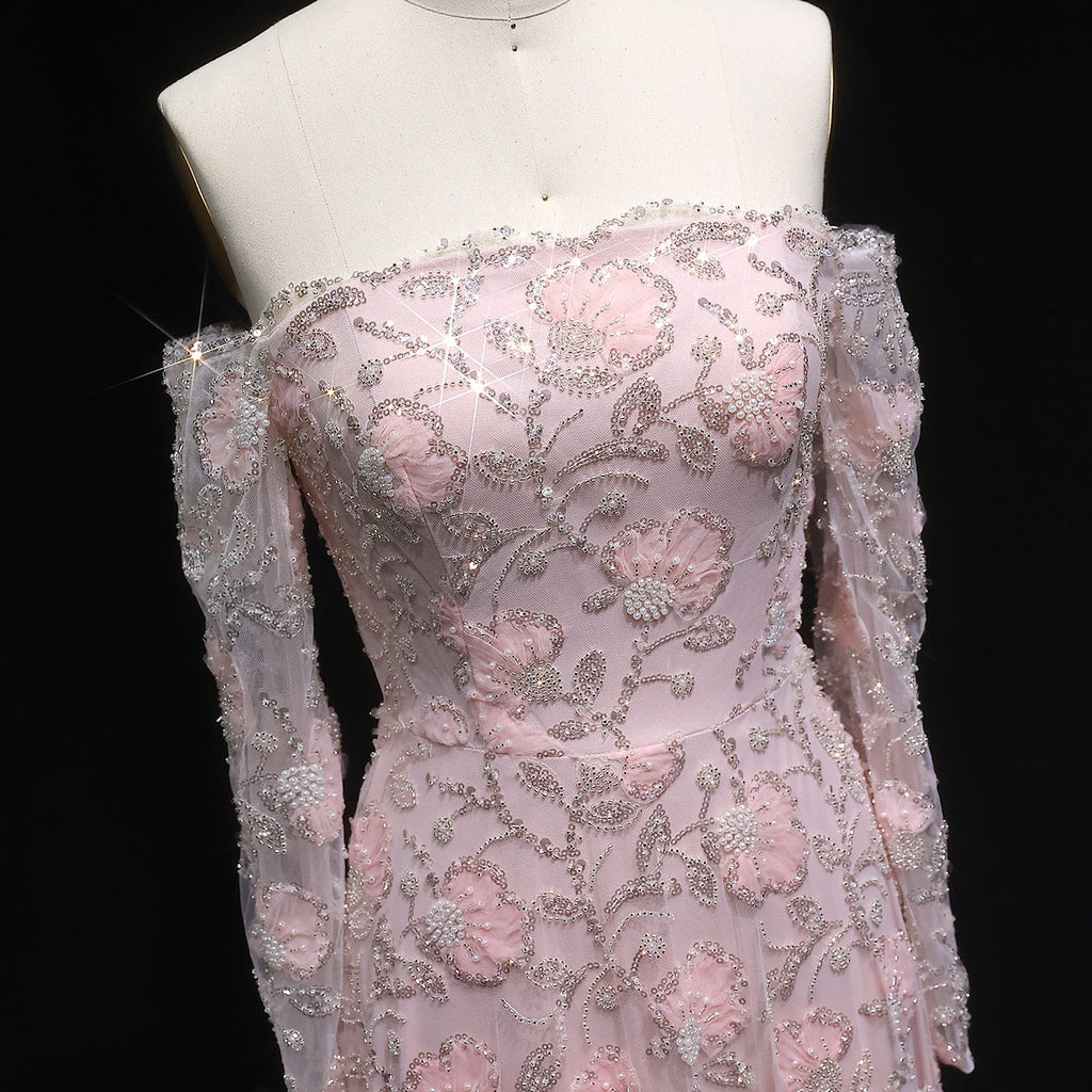 Elegant Pink Long Sleeve Beaded Embroidered Evening Dress SS638