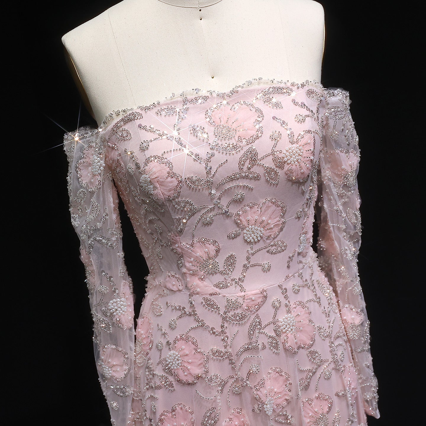 Elegant Pink Long Sleeve Beaded Embroidered Evening Dress SS638