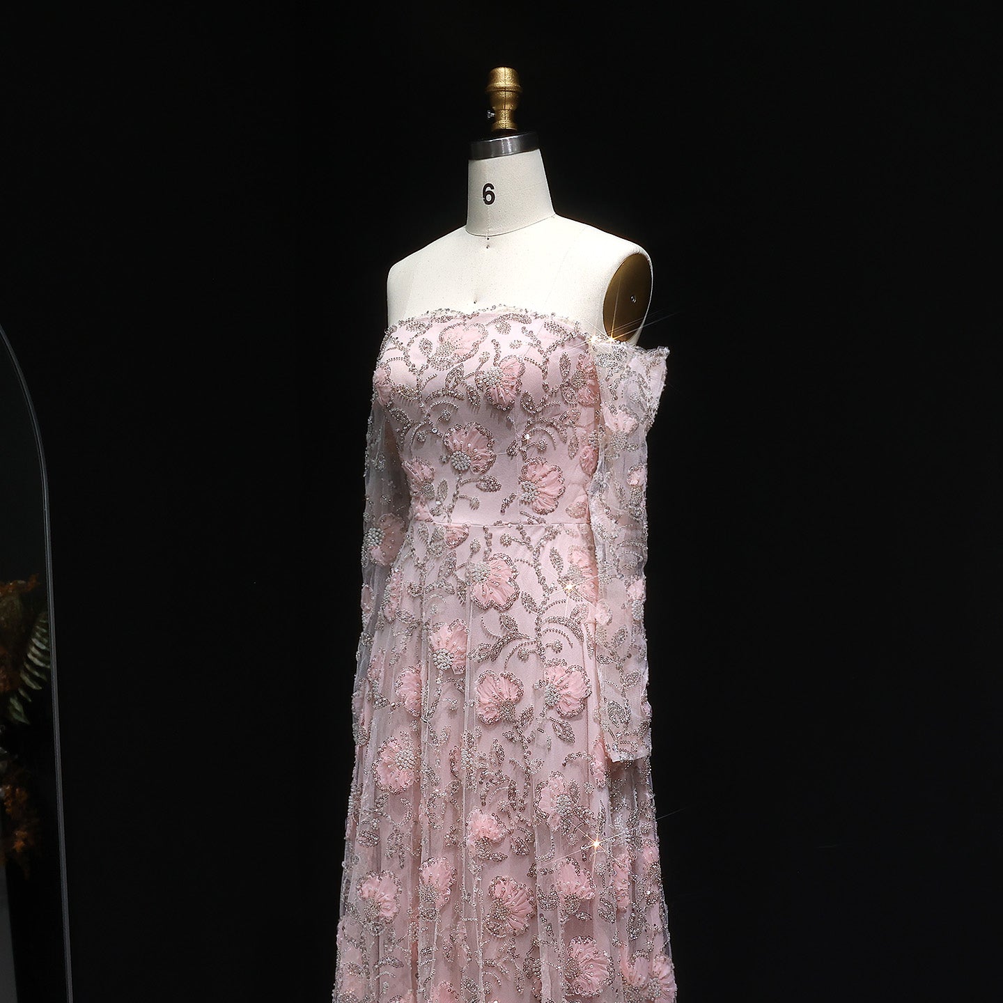 Elegant Pink Long Sleeve Beaded Embroidered Evening Dress SS638