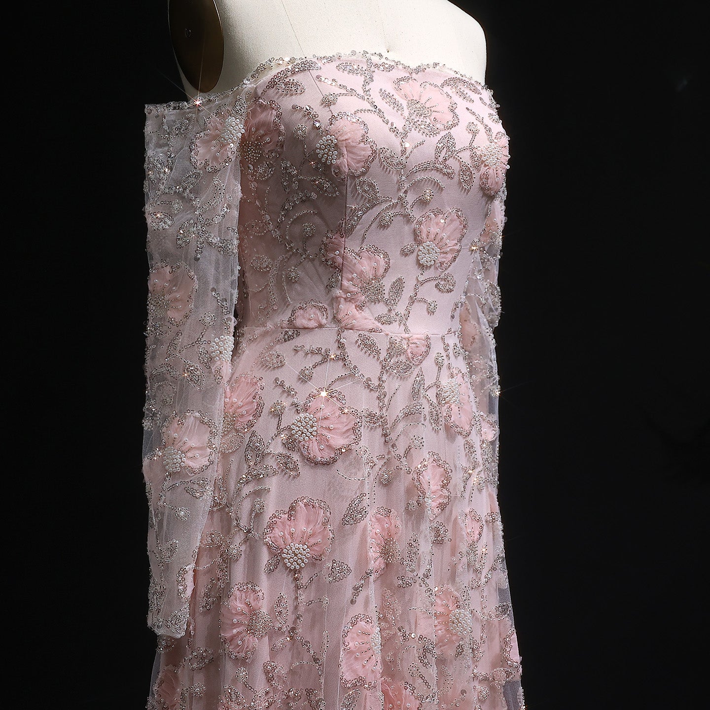 Elegant Pink Long Sleeve Beaded Embroidered Evening Dress SS638