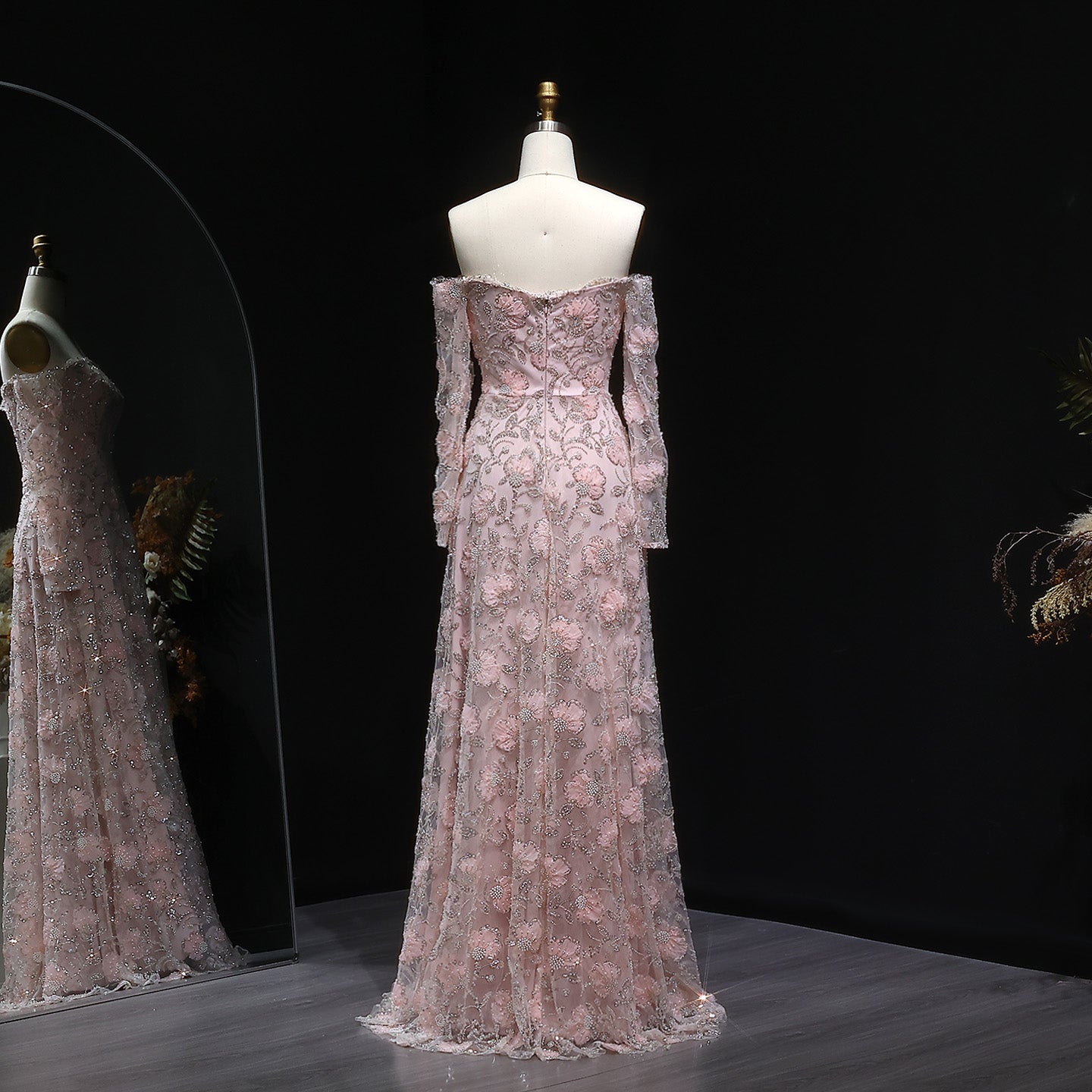 Elegant Pink Long Sleeve Beaded Embroidered Evening Dress SS638