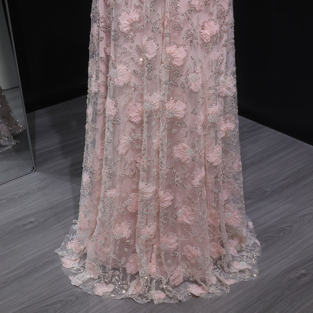 Elegant Pink Long Sleeve Beaded Embroidered Evening Dress SS638