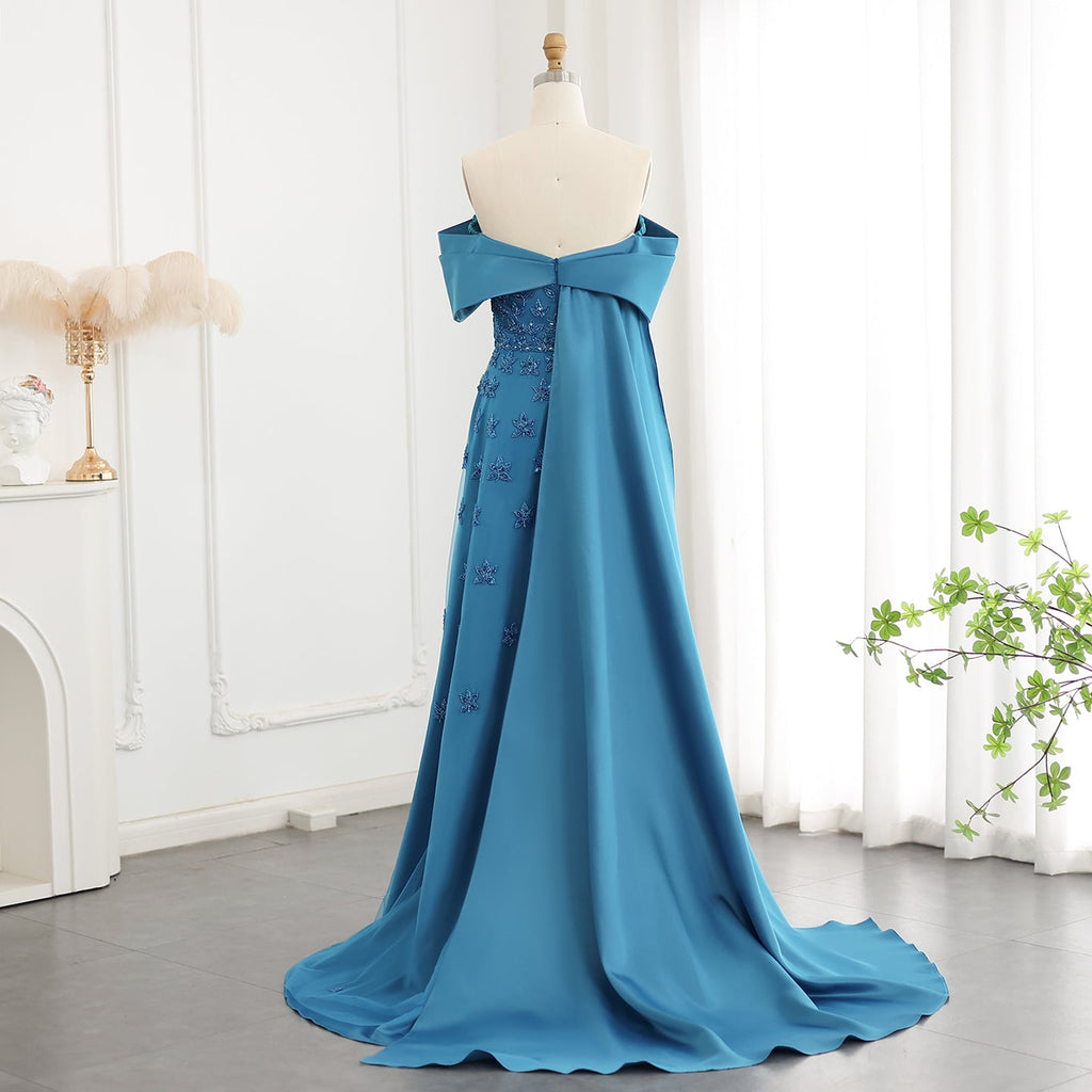 Elegant Beaded Yellow Satin Evening Dress with Cape SS455