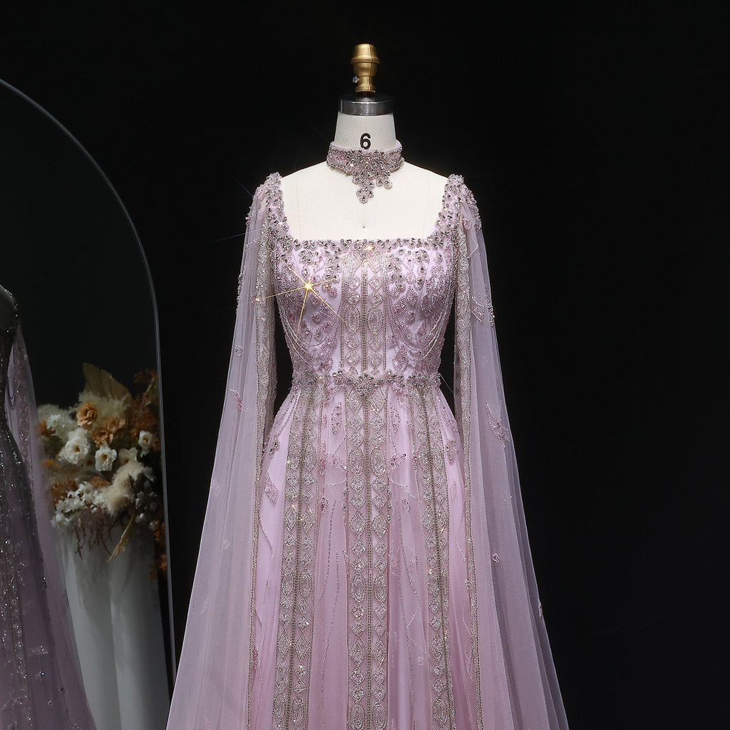 Luxury Beaded Burgundy Evening Dress with Cape Sleeve SS543