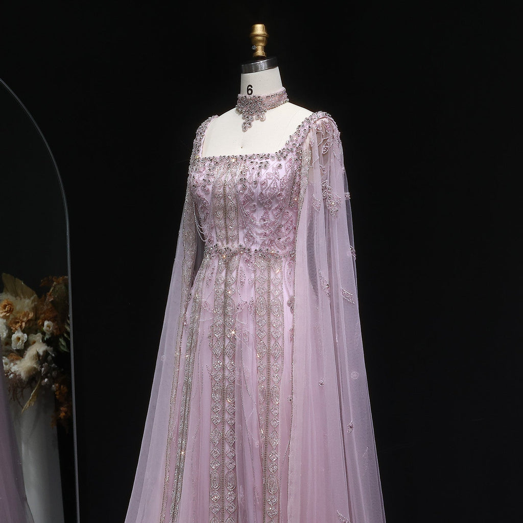 Luxury Beaded Burgundy Evening Dress with Cape Sleeve SS543
