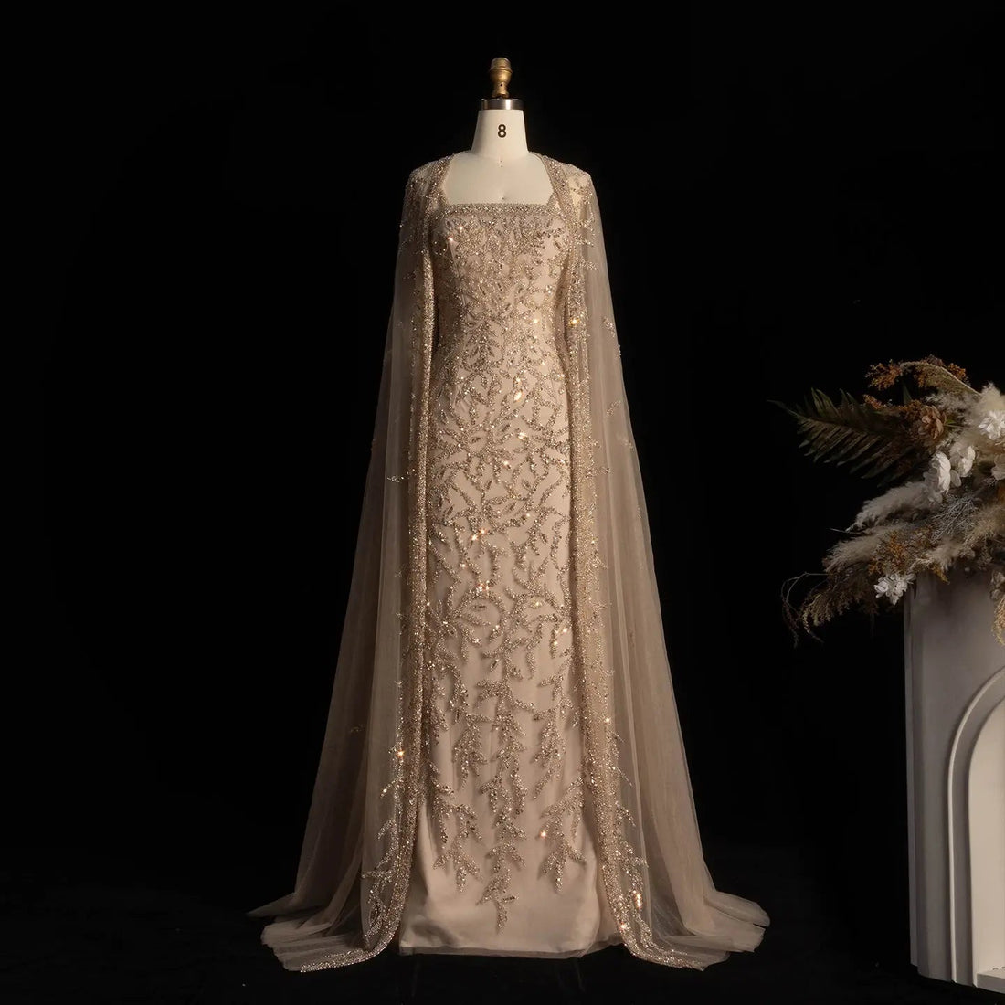 Elegant Champagne Beaded Evening Gown with Sheer Cape SS393