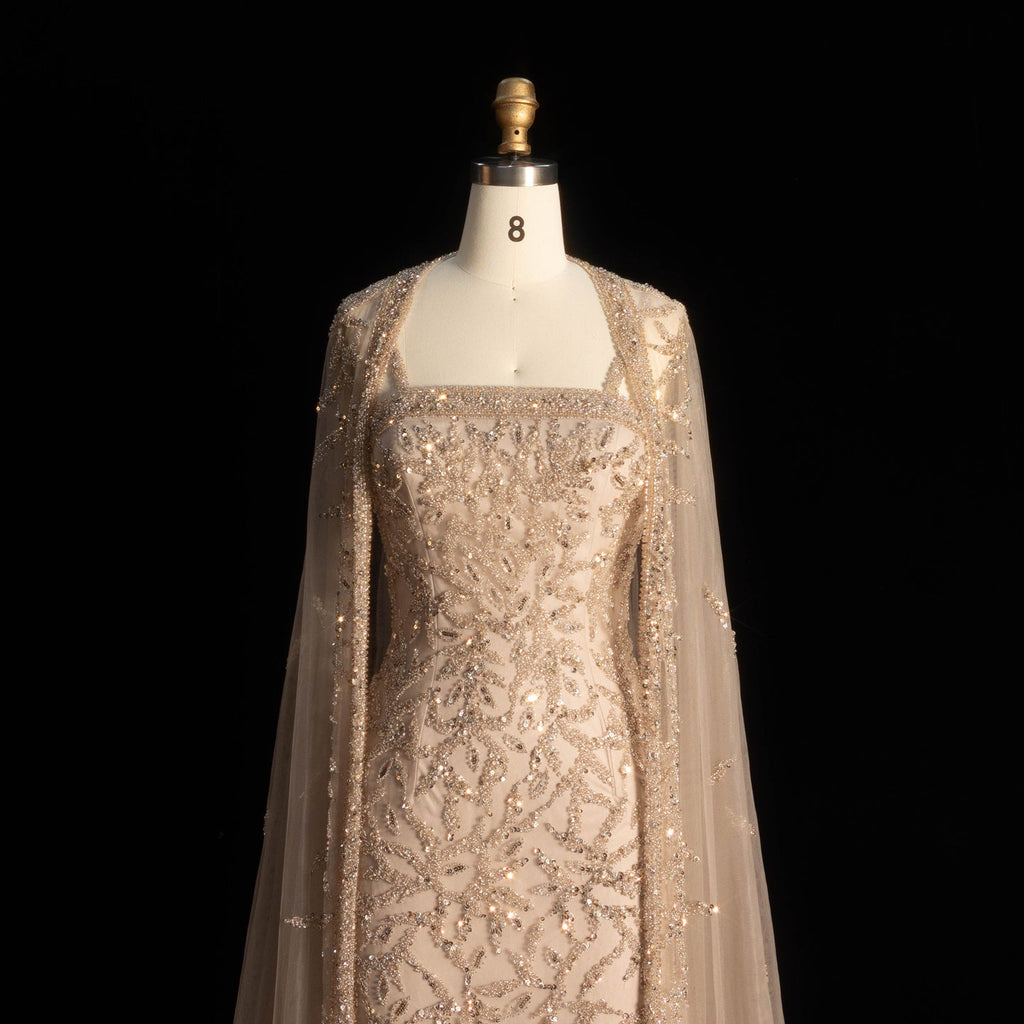 Luxury Crystal Pink Evening Dress with Cape SS393