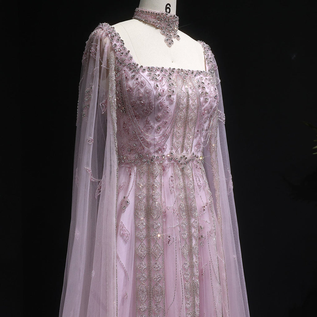 Luxury Beaded Burgundy Evening Dress with Cape Sleeve SS543