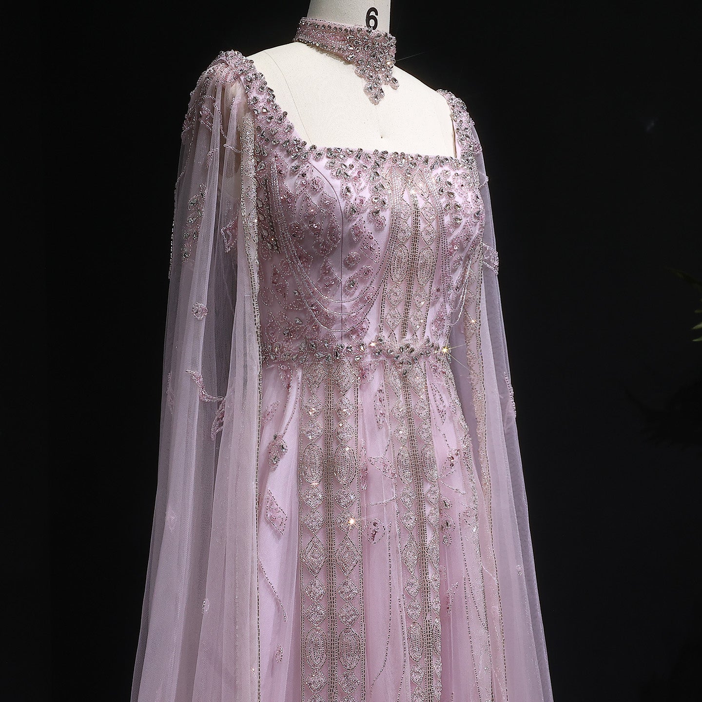 Luxury Beaded Burgundy Evening Dress with Cape Sleeve SS543