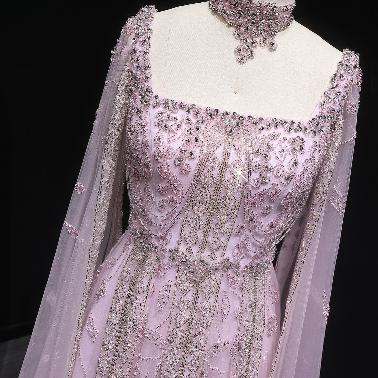 Luxury Beaded Burgundy Evening Dress with Cape Sleeve SS543