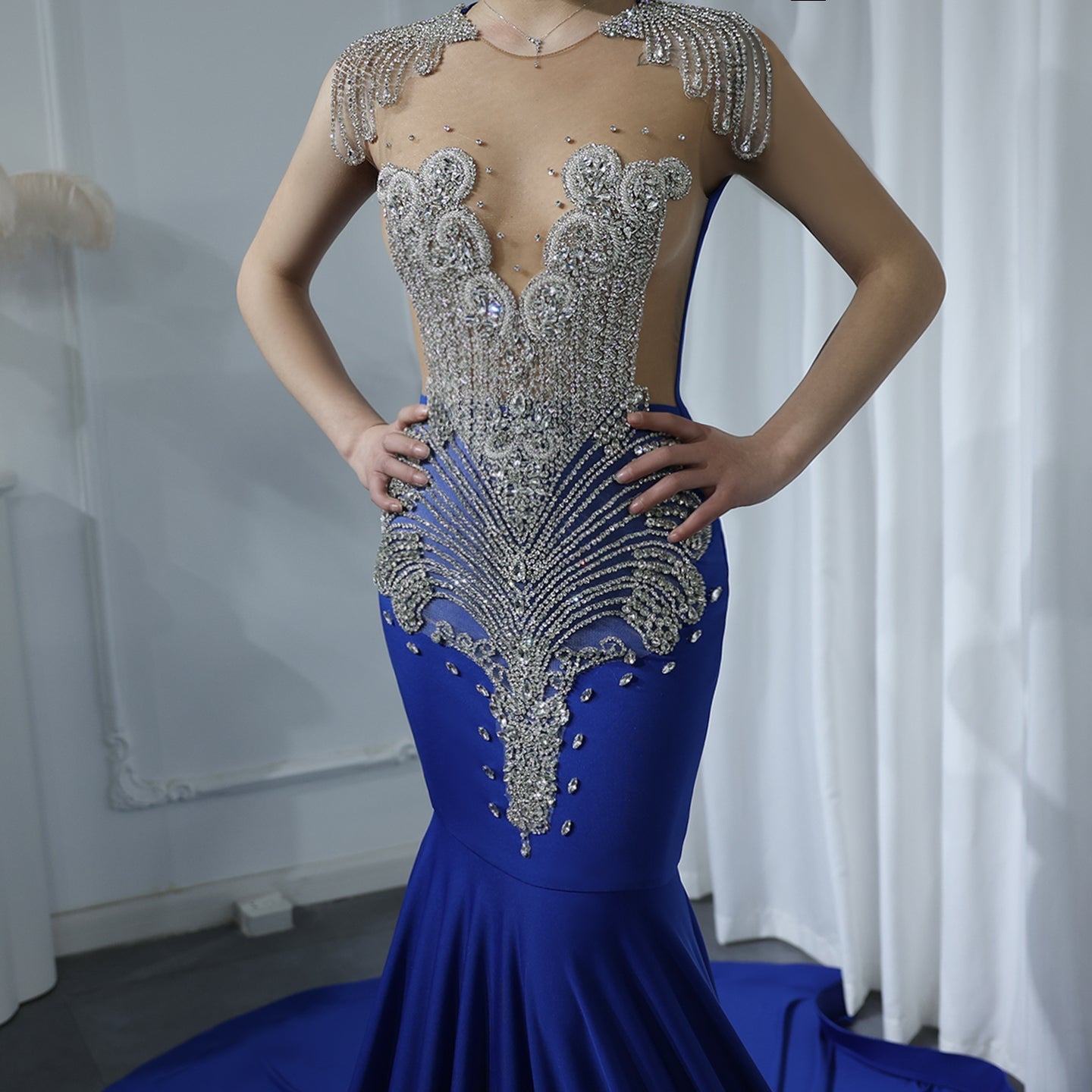Luxury Crystal Royal Blue Mermaid Prom Dresses with Train RM057