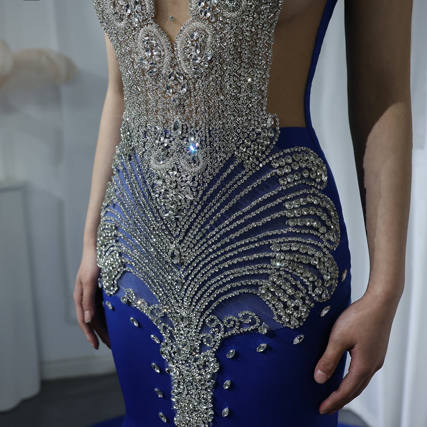 Luxury Crystal Royal Blue Mermaid Prom Dresses with Train RM057