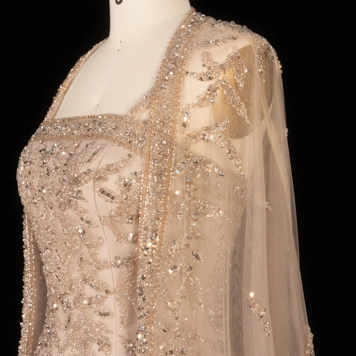 Elegant Champagne Beaded Evening Gown with Sheer Cape SS393