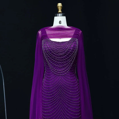 Luxury Beading Purple Evening Dress with Cape Sleeves SS280