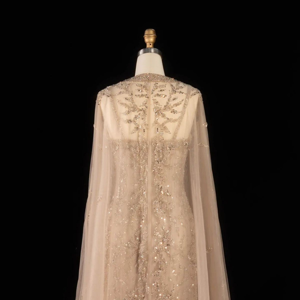 Elegant Champagne Beaded Evening Gown with Sheer Cape SS393