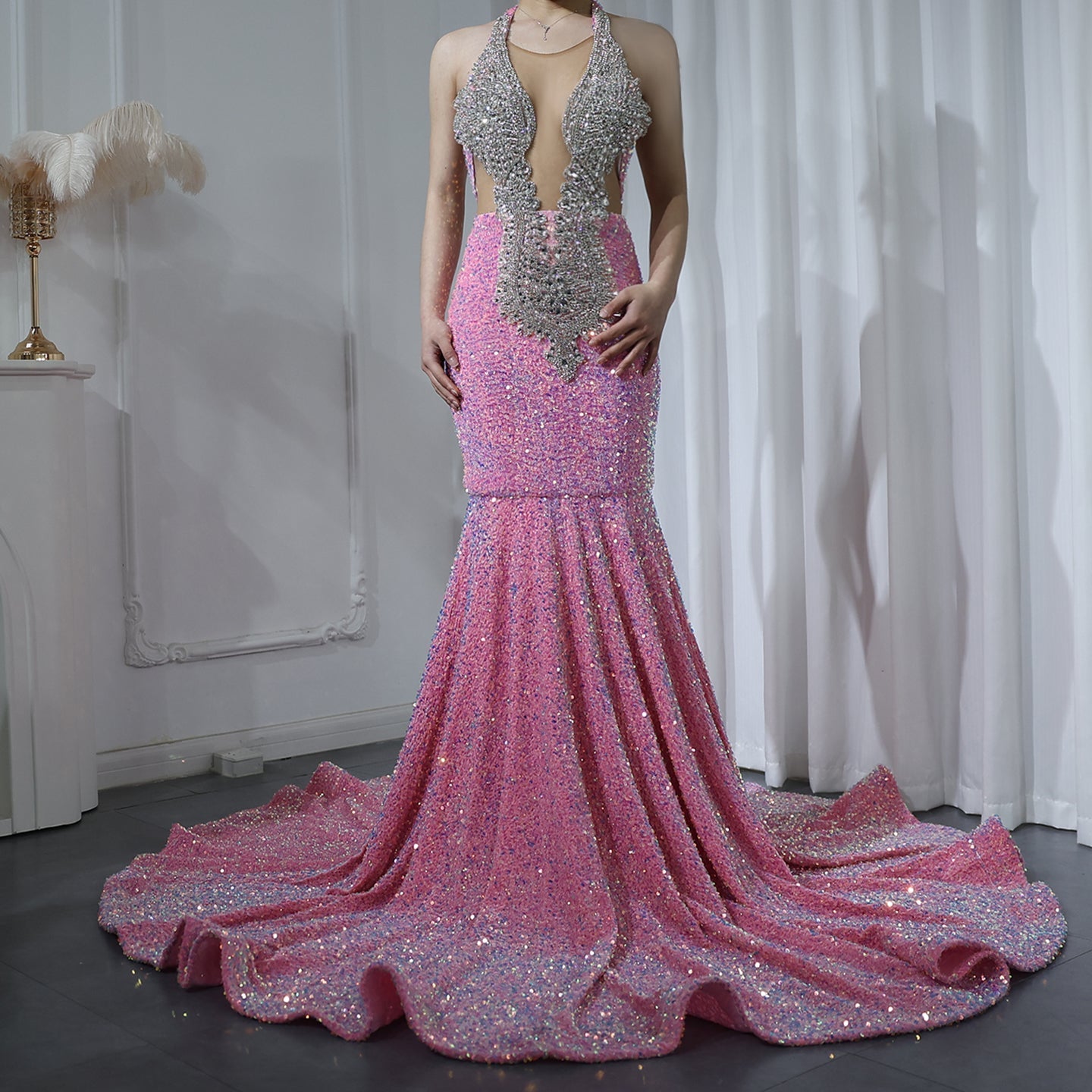 Sparkly Crystal Pink Halter Sequin Mermaid Prom Dress with Train RM056