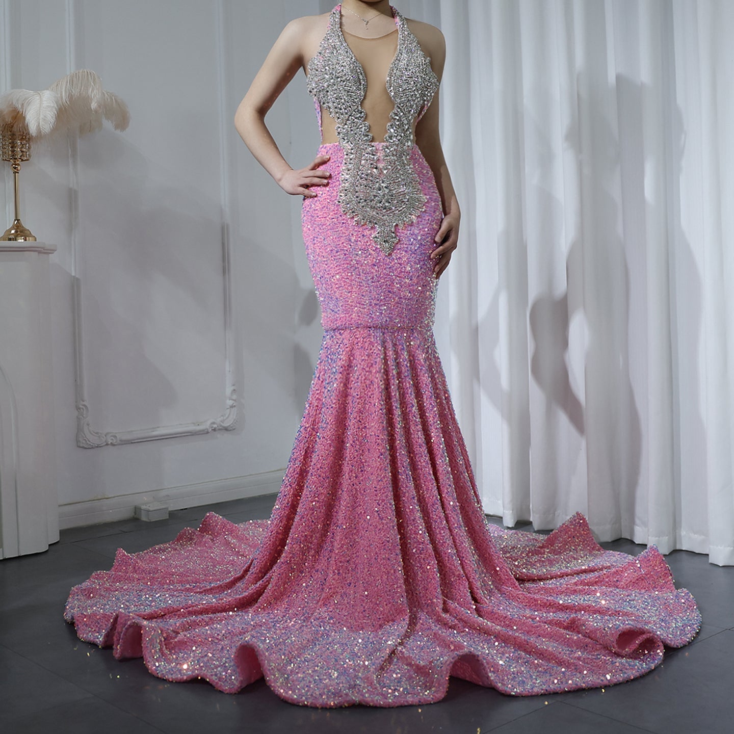 Sparkly Crystal Pink Halter Sequin Mermaid Prom Dress with Train RM056