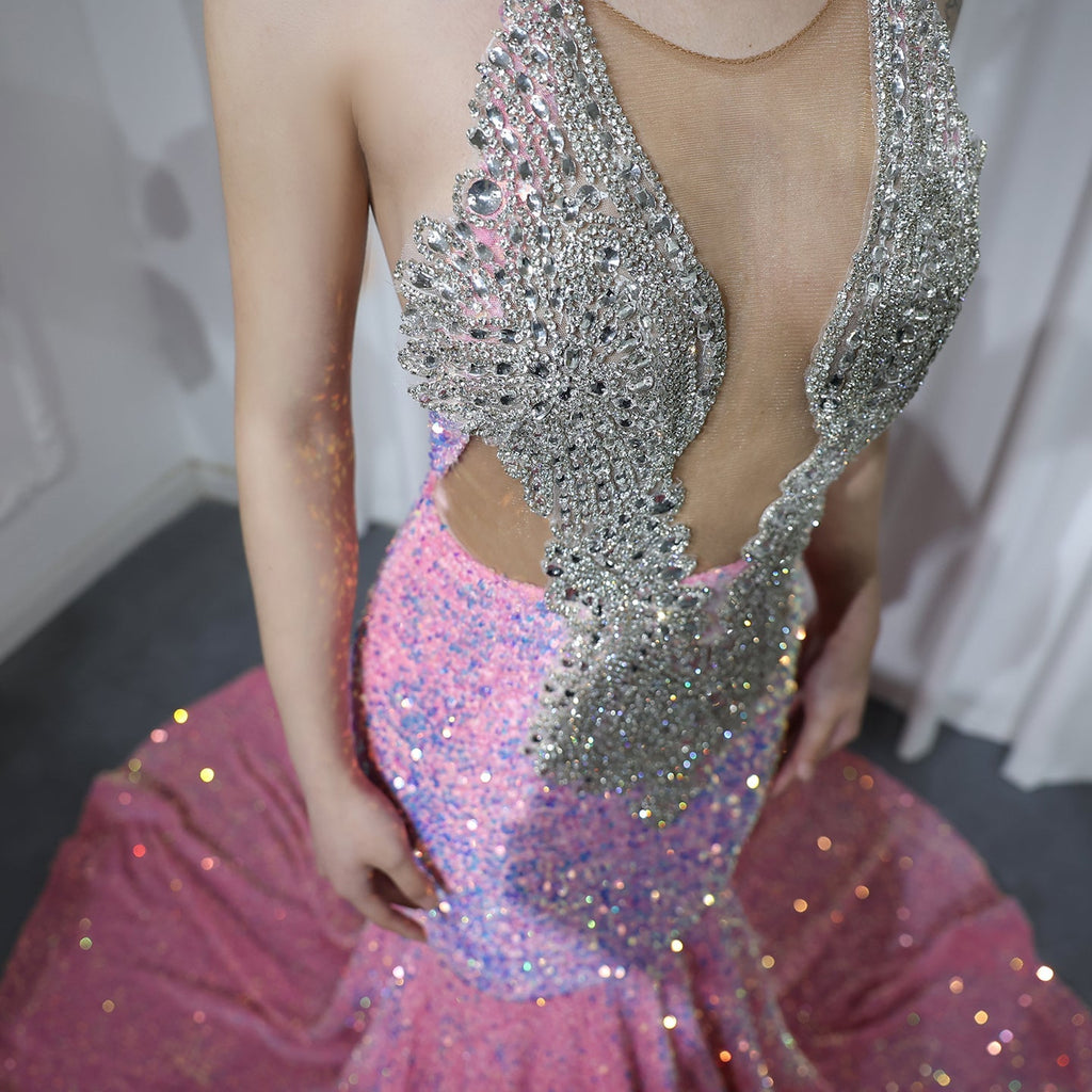 Sparkly Crystal Pink Halter Sequin Mermaid Prom Dress with Train RM056